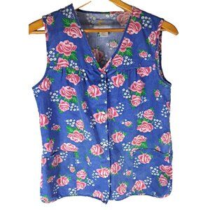 Vintage Womens Artist Smock Vest Blue Pink Roses Pearl Snap Pockets Moon Dance S